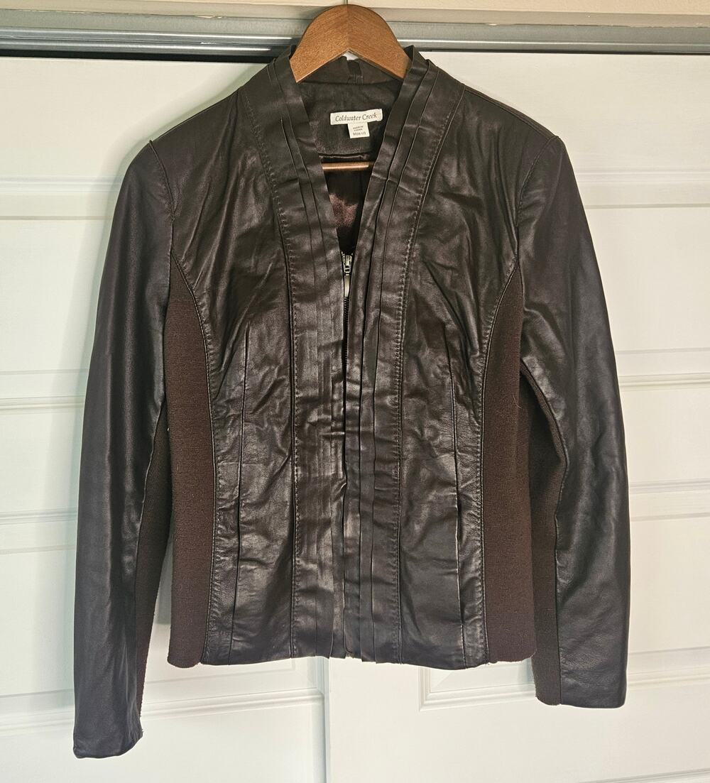 Coldwater Creek Chocolate Brown Leather Pleated Moto Jacket Size 10/12 (Fits M)